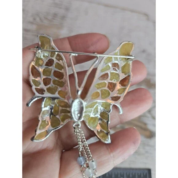 Enamel Butterfly Brooch With Dangle Beads Gold Tone Marked Figural Pin #187 - Picture 4 of 8